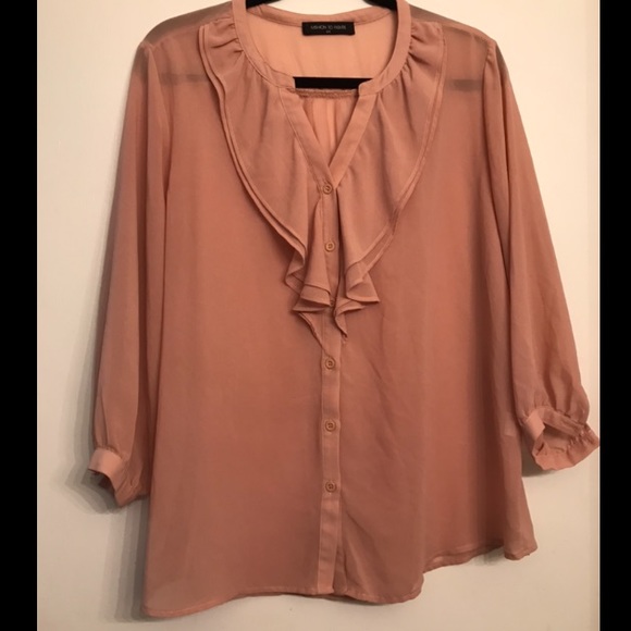 Fashion to Figure Tops - Fashion to Figure Tan Ruffle Button Down Blouse 2x